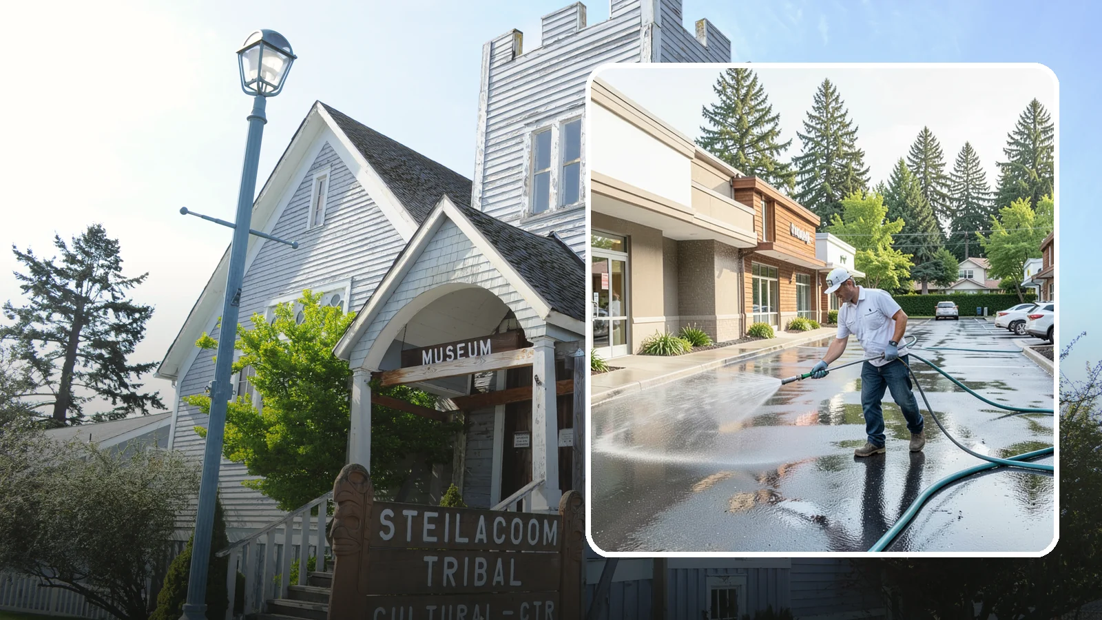 Strip Mall Cleaning in Steilacoom, Pierce County, WA - Coordinated exterior cleaning for strip malls and plazas that unifies storefronts, sidewalks, and parking fronts under one clean...