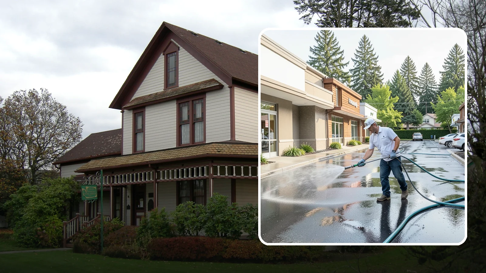 Strip Mall Cleaning in Sumner, Pierce County, WA - Coordinated exterior cleaning for strip malls and plazas that unifies storefronts, sidewalks, and parking fronts under one clean...