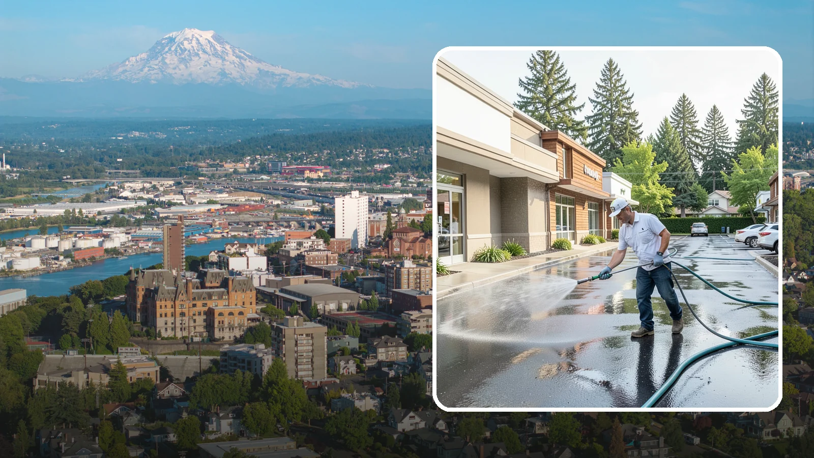 Strip Mall Cleaning in Tacoma, Pierce County, WA - Coordinated exterior cleaning for strip malls and plazas that unifies storefronts, sidewalks, and parking fronts under one clean...