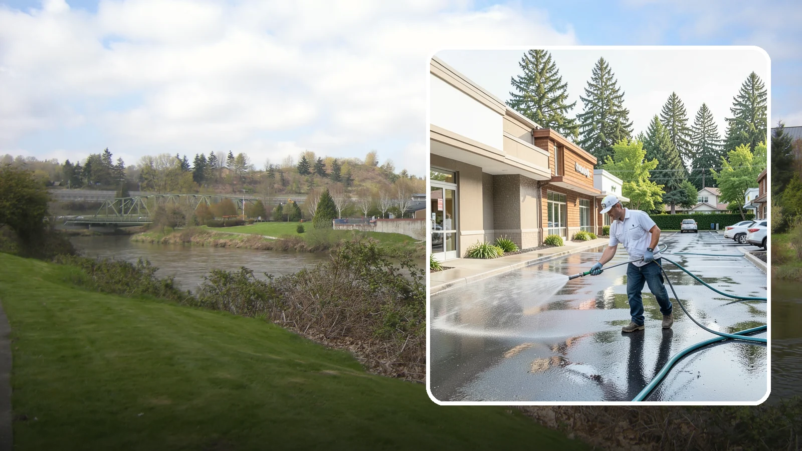 Strip Mall Cleaning in Tukwila, King County, WA - Coordinated exterior cleaning for strip malls and plazas that unifies storefronts, sidewalks, and parking fronts under one clean...
