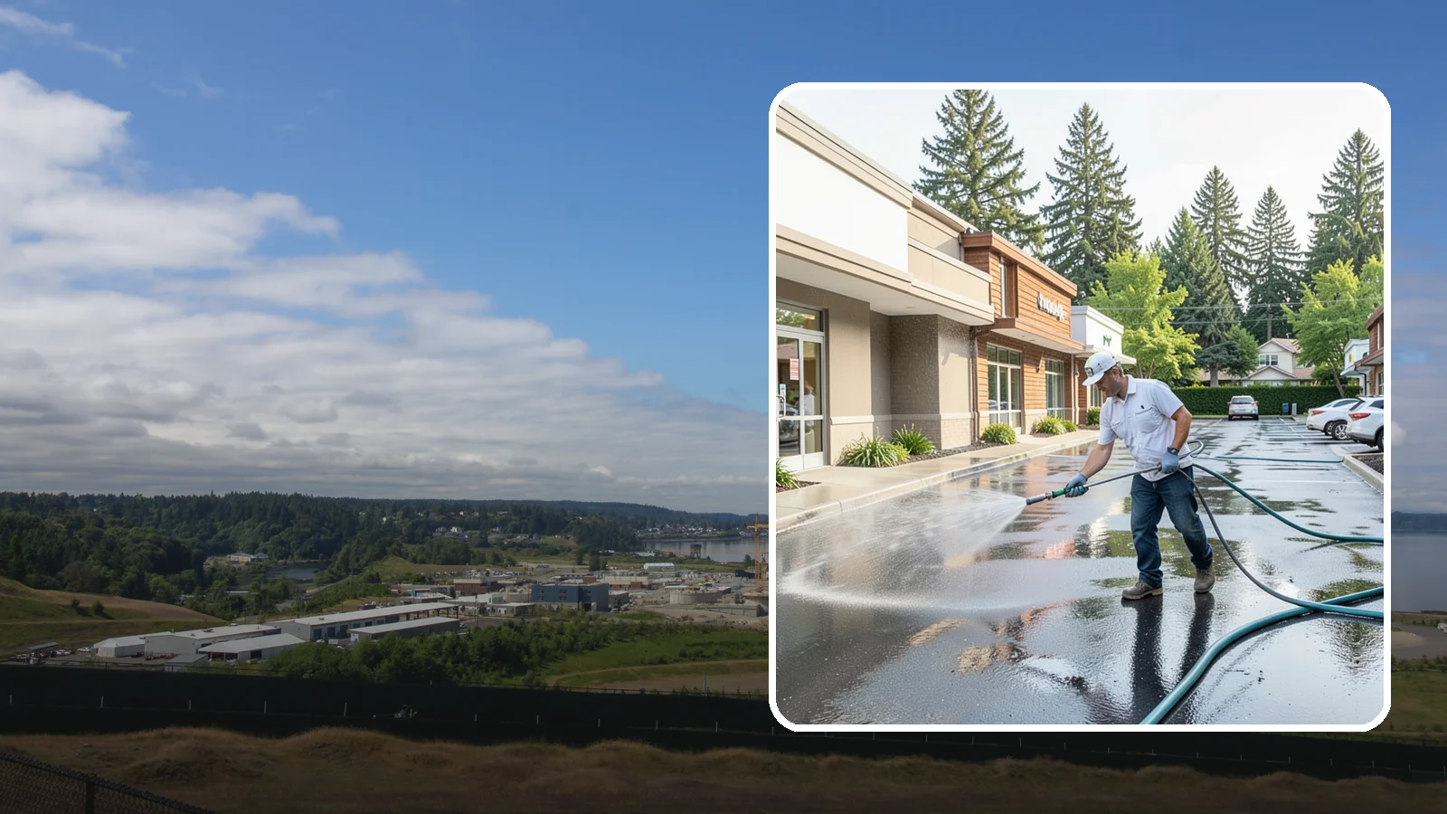 Strip Mall Cleaning in University Place, Pierce County, WA - Coordinated exterior cleaning for strip malls and plazas that unifies storefronts, sidewalks, and parking fronts under one clean...