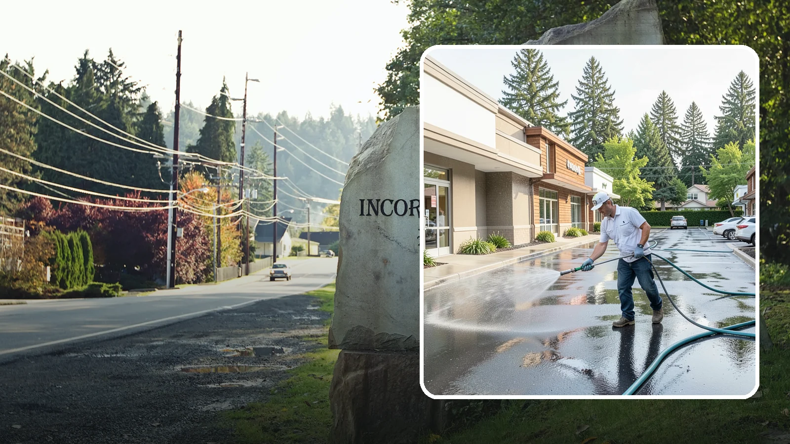 Strip Mall Cleaning in Wilkeson, Pierce County, WA - Coordinated exterior cleaning for strip malls and plazas that unifies storefronts, sidewalks, and parking fronts under one clean...