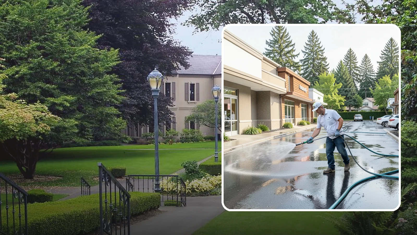 Strip Mall Cleaning in Woodinville, King County, WA - Coordinated exterior cleaning for strip malls and plazas that unifies storefronts, sidewalks, and parking fronts under one clean...