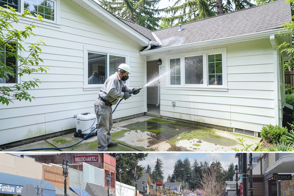 Stucco House Washing in Bothell, King County, WA - Clean during the warm, drier months so the porous stucco dries thoroughly and resists new growth.