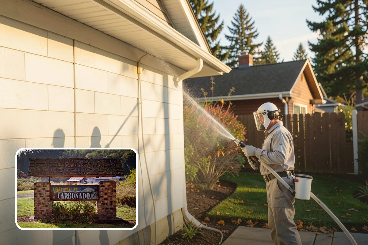 Stucco House Washing in Carbonado, Pierce County, WA - Reaches algae hidden in the textured surface