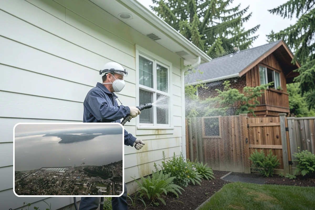 Stucco House Washing in Des Moines, King County, WA - Reaches algae hidden in the textured surface