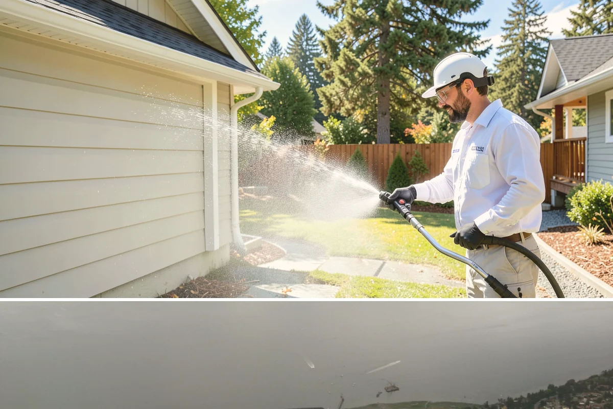 Stucco House Washing in Des Moines, King County, WA - Clean during the warm, drier months so the porous stucco dries thoroughly and resists new growth.