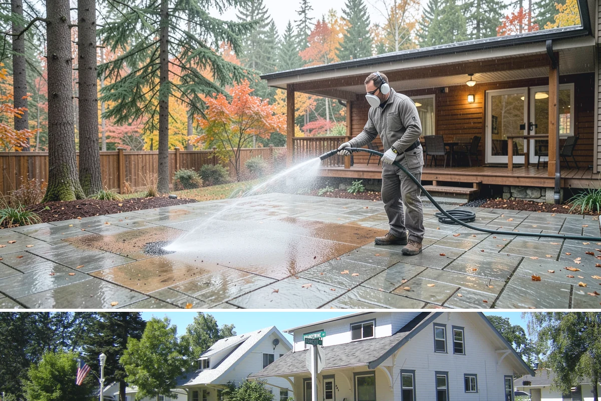Stucco House Washing in DuPont, Pierce County, WA - Clean during the warm, drier months so the porous stucco dries thoroughly and resists new growth.
