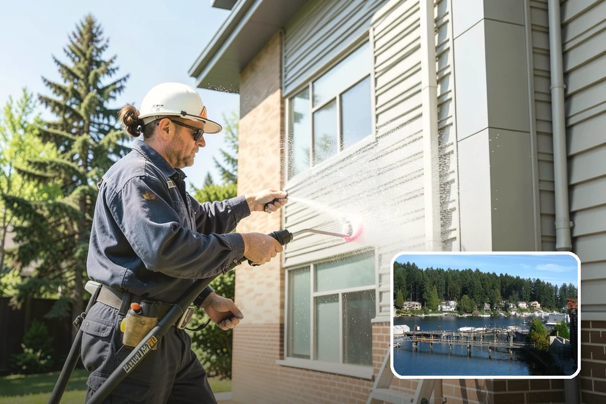 Stucco House Washing in Gig Harbor, Pierce County, WA - Reaches algae hidden in the textured surface