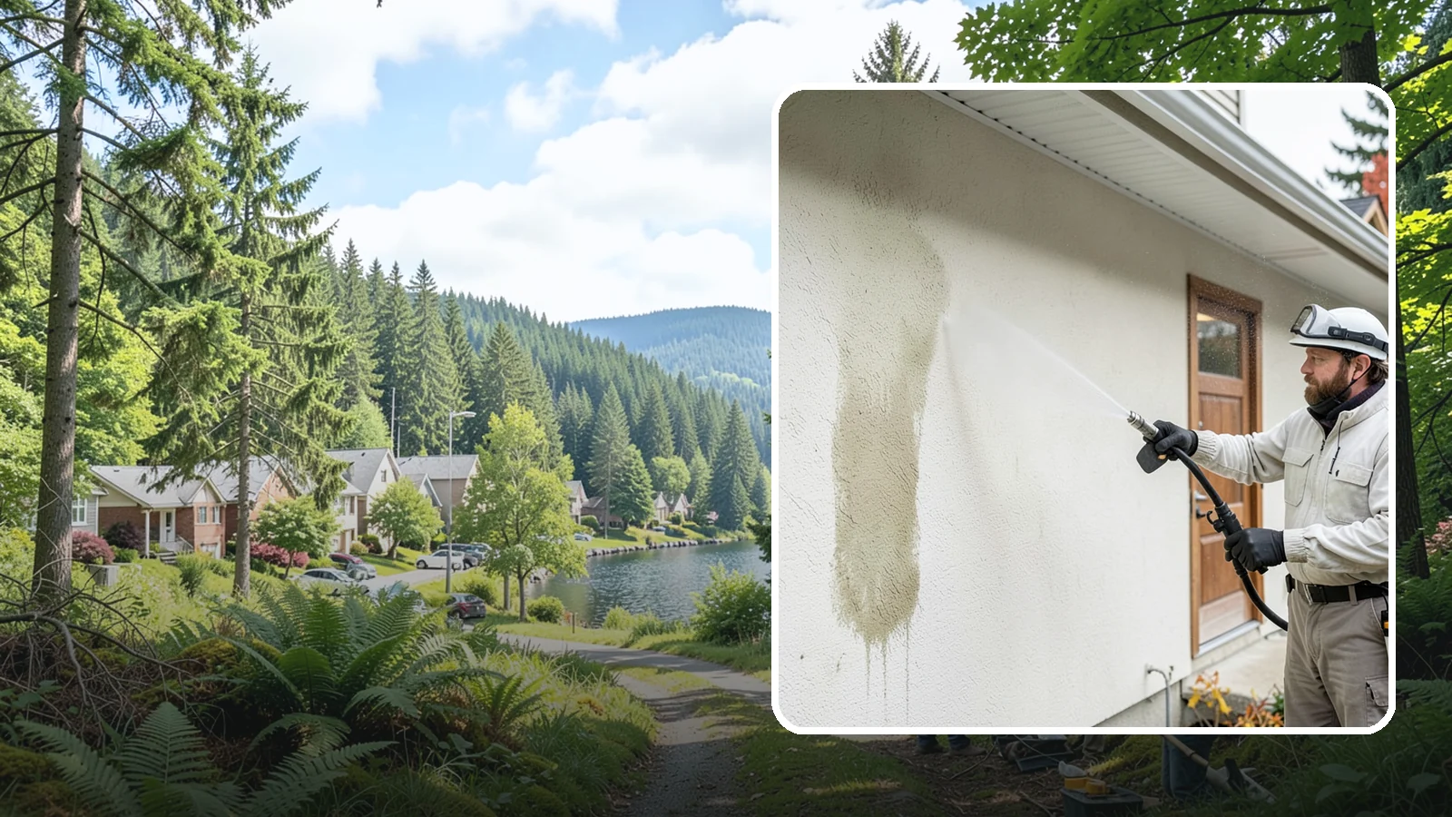 Stucco House Washing in Lake Forest Park, King County, WA - Stucco house washing gently lifts mildew and algae from textured walls without cracking the finish or forcing water inside.