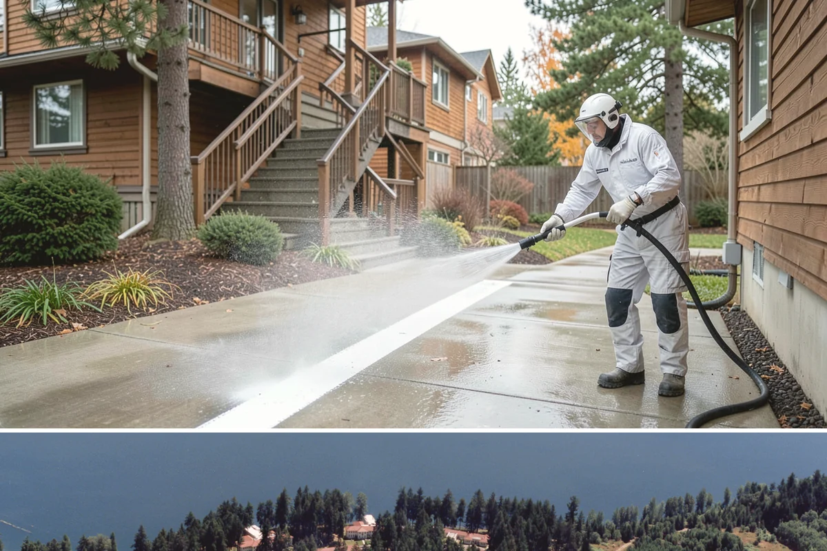Stucco House Washing in Lakewood, Pierce County, WA - Clean during the warm, drier months so the porous stucco dries thoroughly and resists new growth.