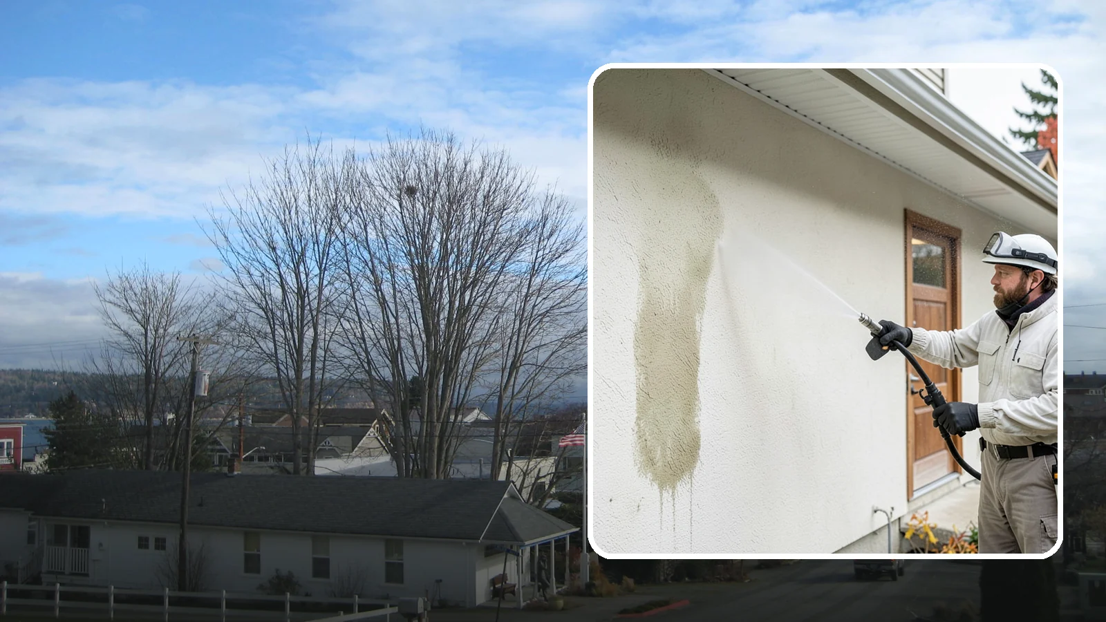 Stucco House Washing in Langley, Island County, WA - Stucco house washing gently lifts mildew and algae from textured walls without cracking the finish or forcing water inside.