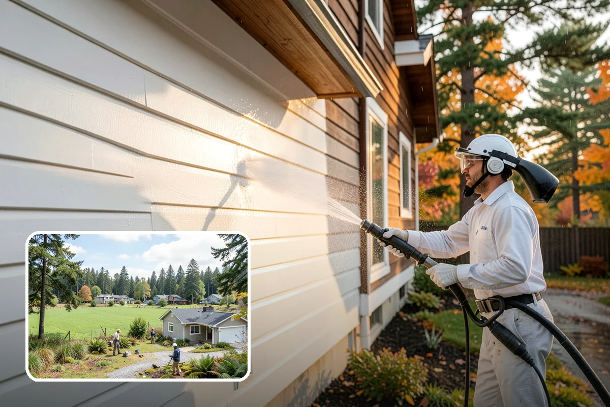 Stucco House Washing in Lyman, Skagit County, WA - Reaches algae hidden in the textured surface