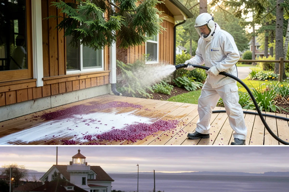 Stucco House Washing in Mukilteo, Snohomish County, WA - Clean during the warm, drier months so the porous stucco dries thoroughly and resists new growth.