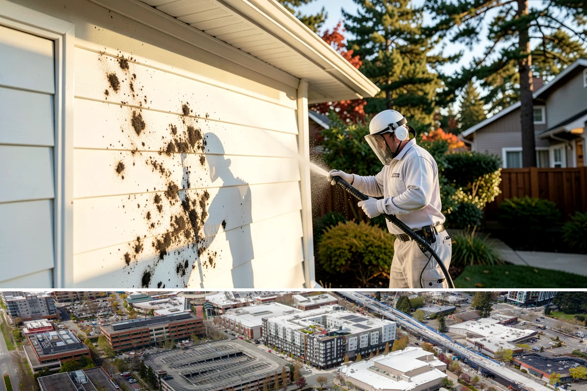 Stucco House Washing in Redmond, King County, WA - Clean during the warm, drier months so the porous stucco dries thoroughly and resists new growth.