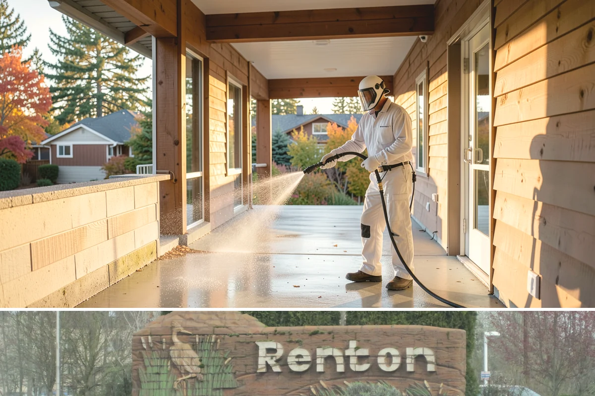 Stucco House Washing in Renton, King County, WA - Clean during the warm, drier months so the porous stucco dries thoroughly and resists new growth.