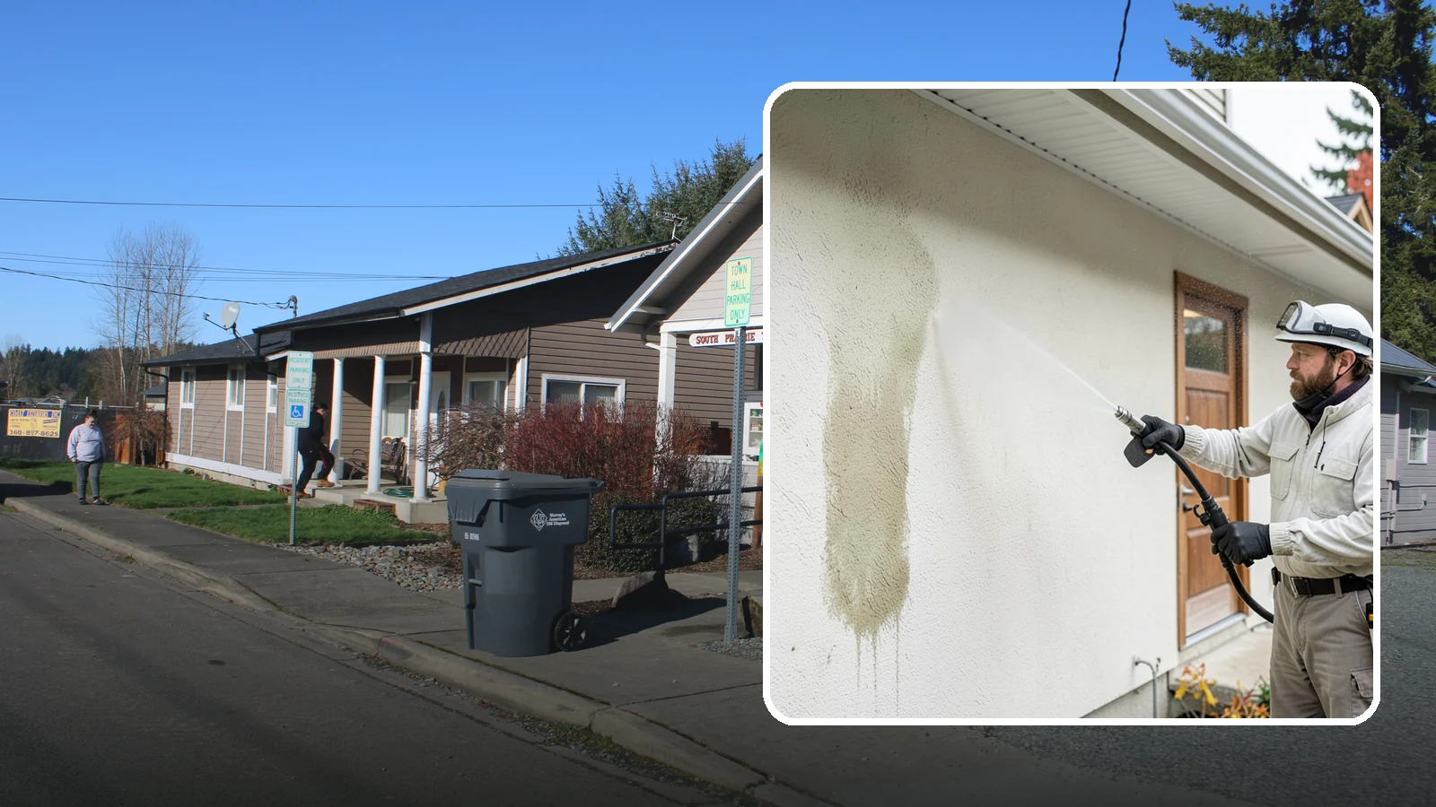 Stucco House Washing in South Prairie, Pierce County, WA - Stucco house washing gently lifts mildew and algae from textured walls without cracking the finish or forcing water inside.