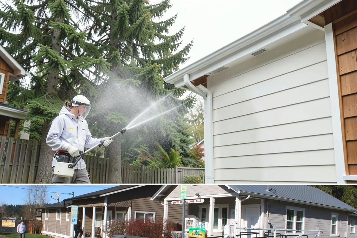 Stucco House Washing in South Prairie, Pierce County, WA - Clean during the warm, drier months so the porous stucco dries thoroughly and resists new growth.