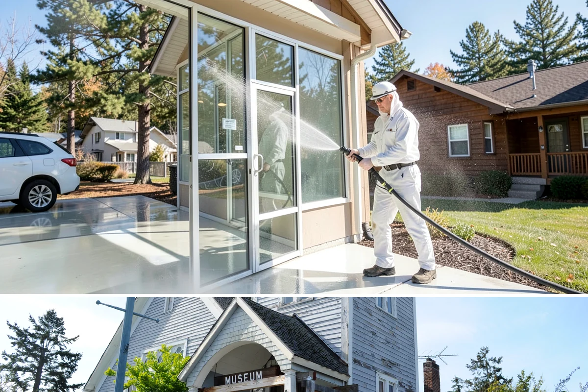 Stucco House Washing in Steilacoom, Pierce County, WA - Clean during the warm, drier months so the porous stucco dries thoroughly and resists new growth.