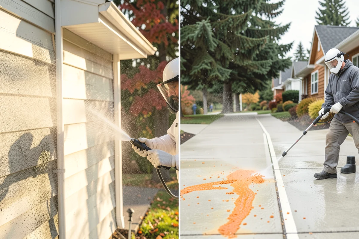 Stucco Soft Wash in Anacortes, Skagit County, WA - Examine the stucco texture and identify staining