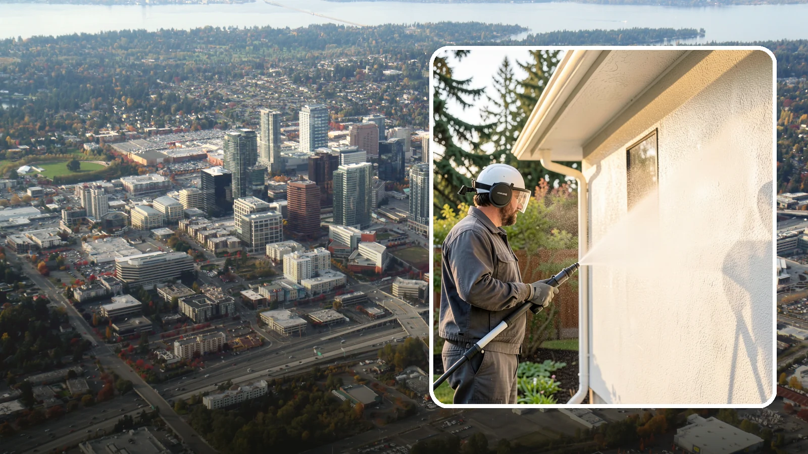 Stucco Soft Wash in Bellevue, King County, WA - Stucco soft wash removes algae and staining from textured stucco using low pressure that protects its porous, delicate surface.