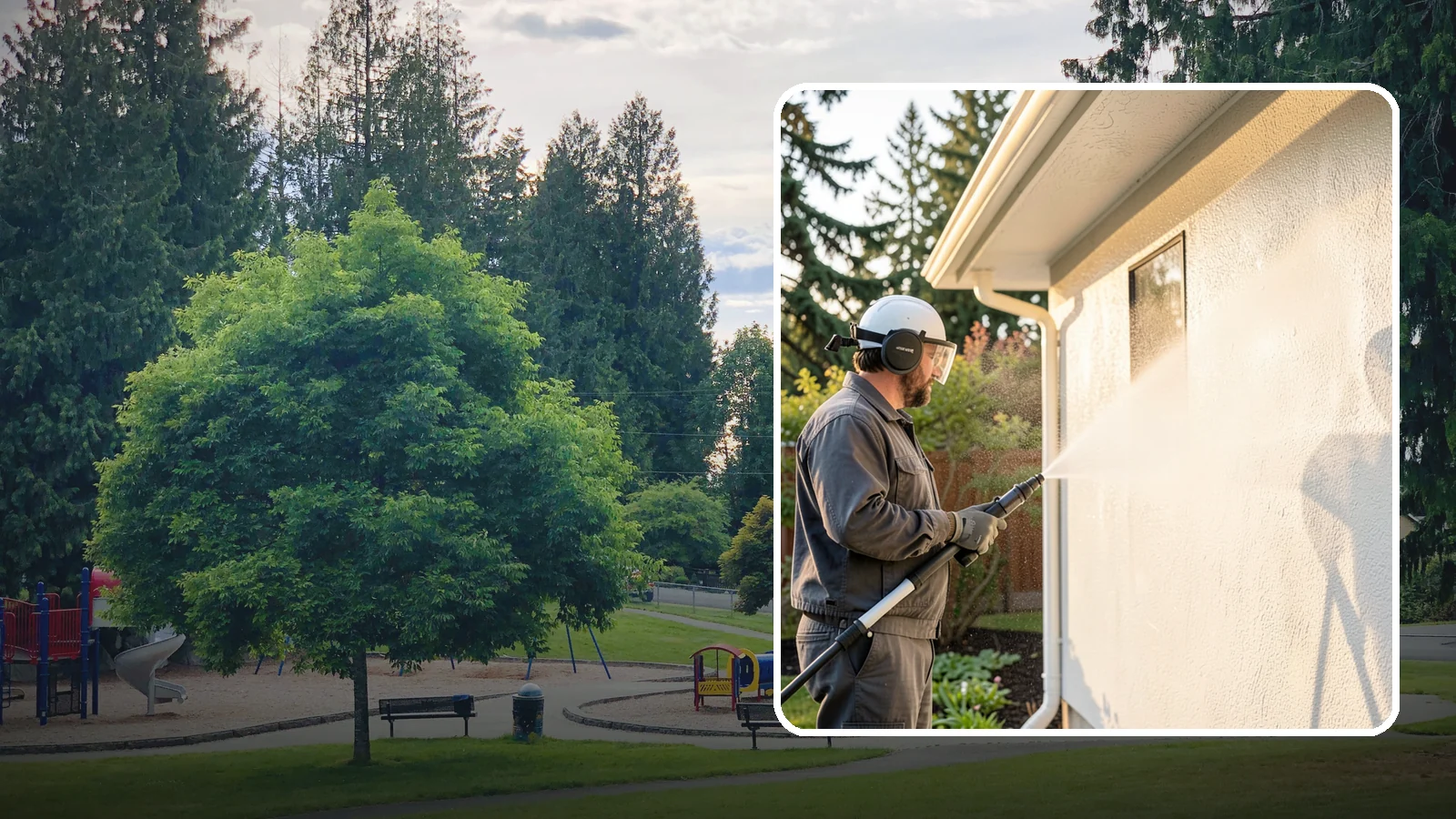 Stucco Soft Wash in Bonney Lake, Pierce County, WA - Stucco soft wash removes algae and staining from textured stucco using low pressure that protects its porous, delicate surface.