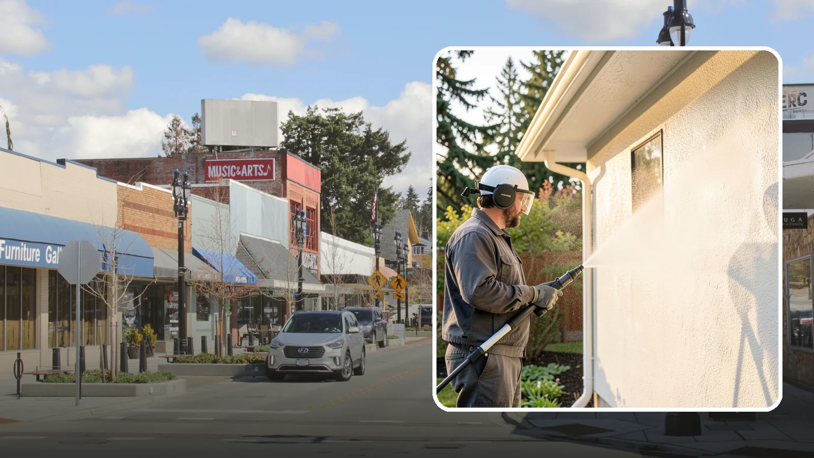 Stucco Soft Wash in Bothell, King County, WA - Stucco soft wash removes algae and staining from textured stucco using low pressure that protects its porous, delicate surface.