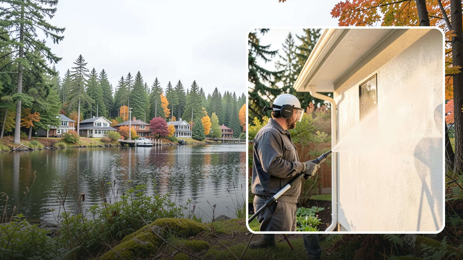 Stucco Soft Wash in La Conner, Skagit County, WA - Stucco soft wash removes algae and staining from textured stucco using low pressure that protects its porous, delicate surface.