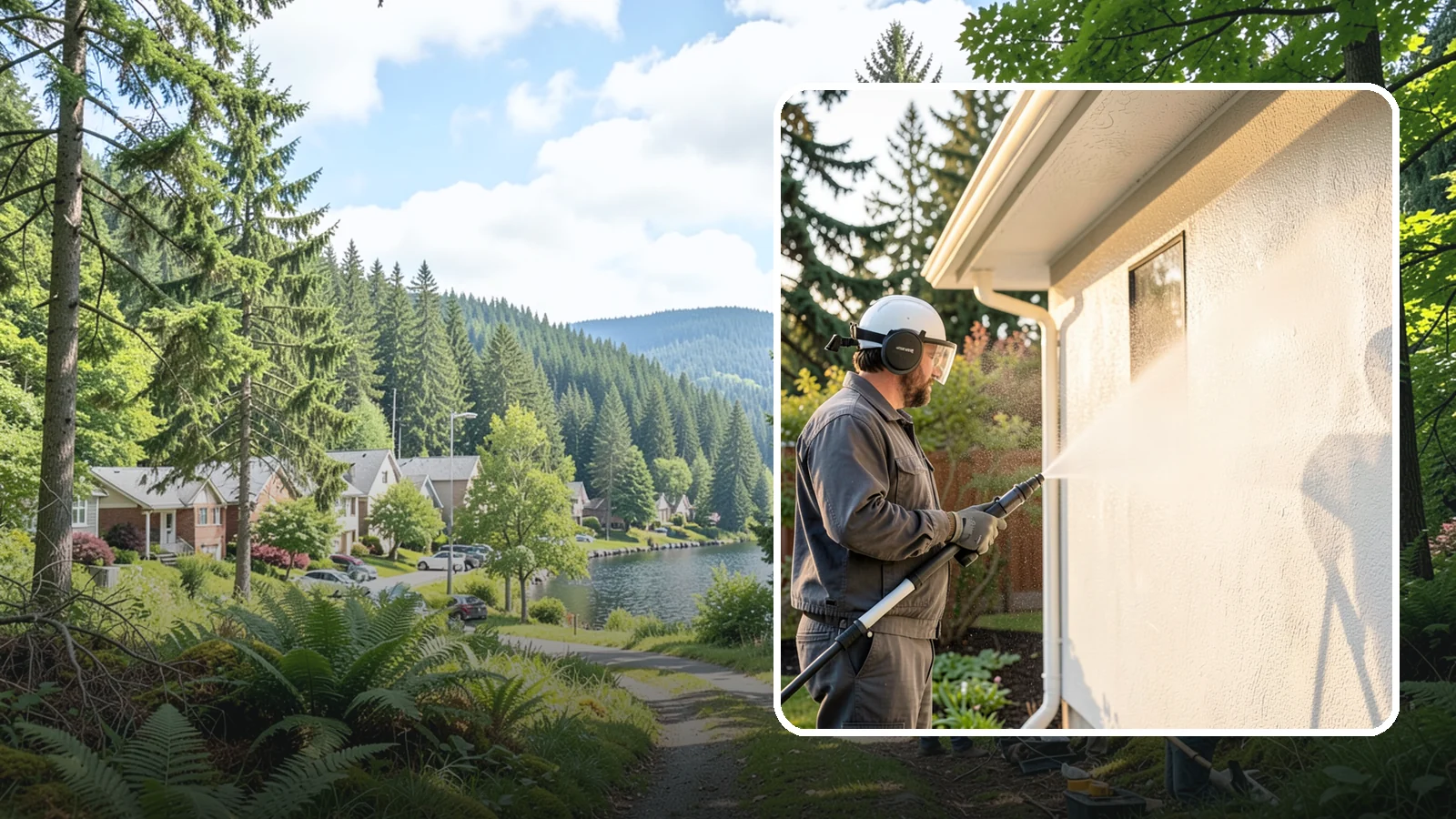 Stucco Soft Wash in Lake Forest Park, King County, WA - Stucco soft wash removes algae and staining from textured stucco using low pressure that protects its porous, delicate surface.
