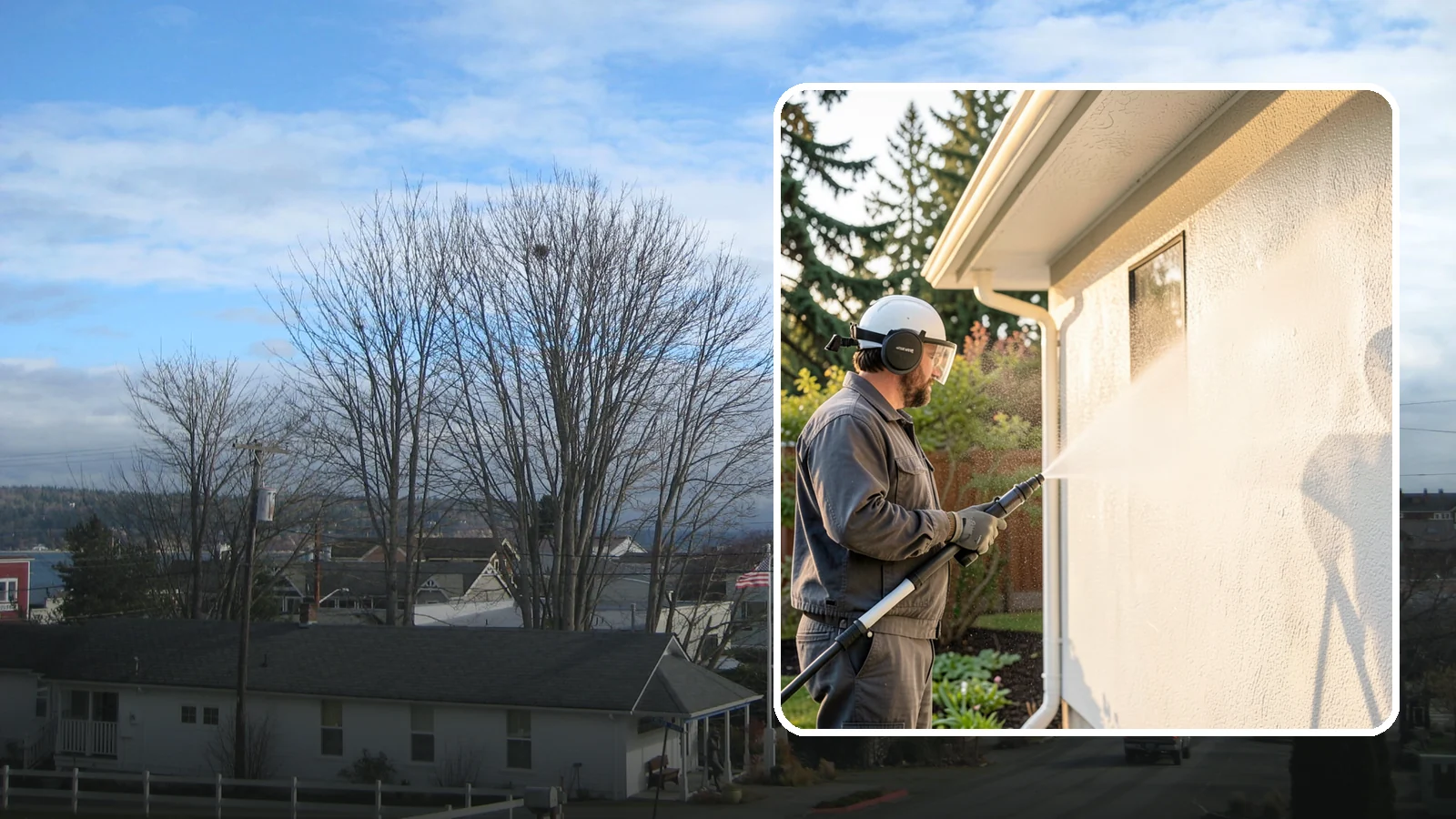 Stucco Soft Wash in Langley, Island County, WA - Stucco soft wash removes algae and staining from textured stucco using low pressure that protects its porous, delicate surface.