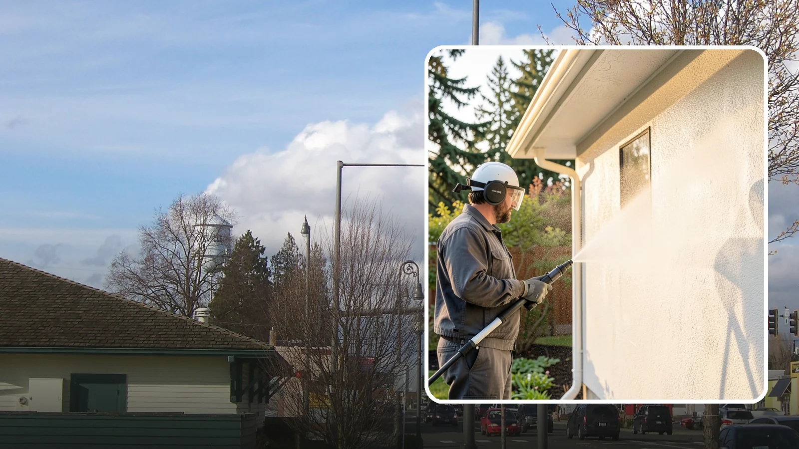 Stucco Soft Wash in Marysville, Snohomish County, WA - Stucco soft wash removes algae and staining from textured stucco using low pressure that protects its porous, delicate surface.