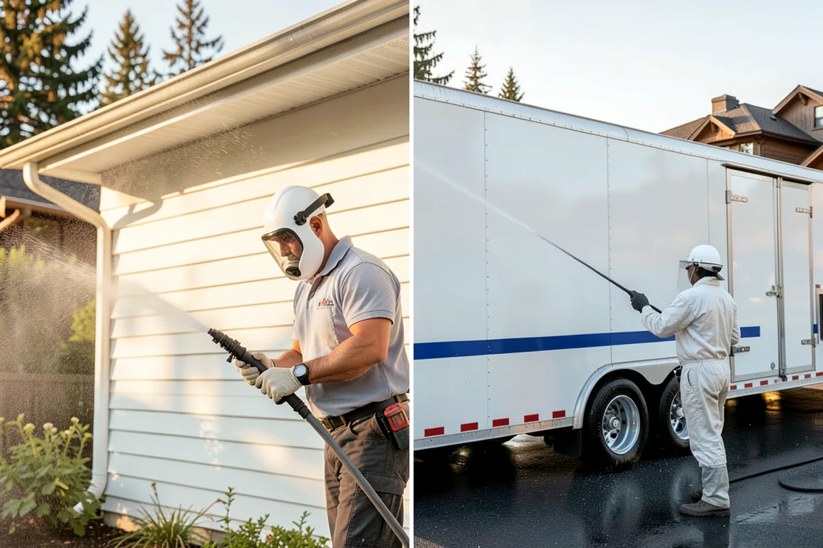 Stucco Soft Wash in Puyallup, Pierce County, WA - Examine the stucco texture and identify staining