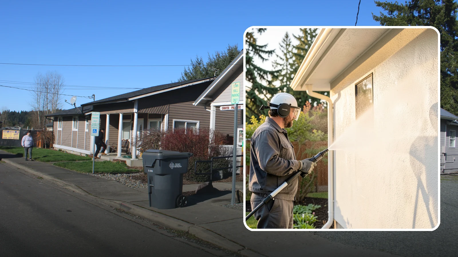 Stucco Soft Wash in South Prairie, Pierce County, WA - Stucco soft wash removes algae and staining from textured stucco using low pressure that protects its porous, delicate surface.