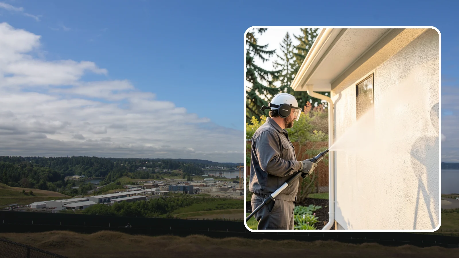 Stucco Soft Wash in University Place, Pierce County, WA - Stucco soft wash removes algae and staining from textured stucco using low pressure that protects its porous, delicate surface.
