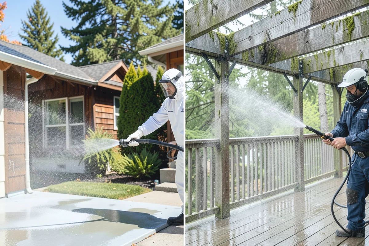 Stucco Soft Wash in Woodinville, King County, WA - Examine the stucco texture and identify staining