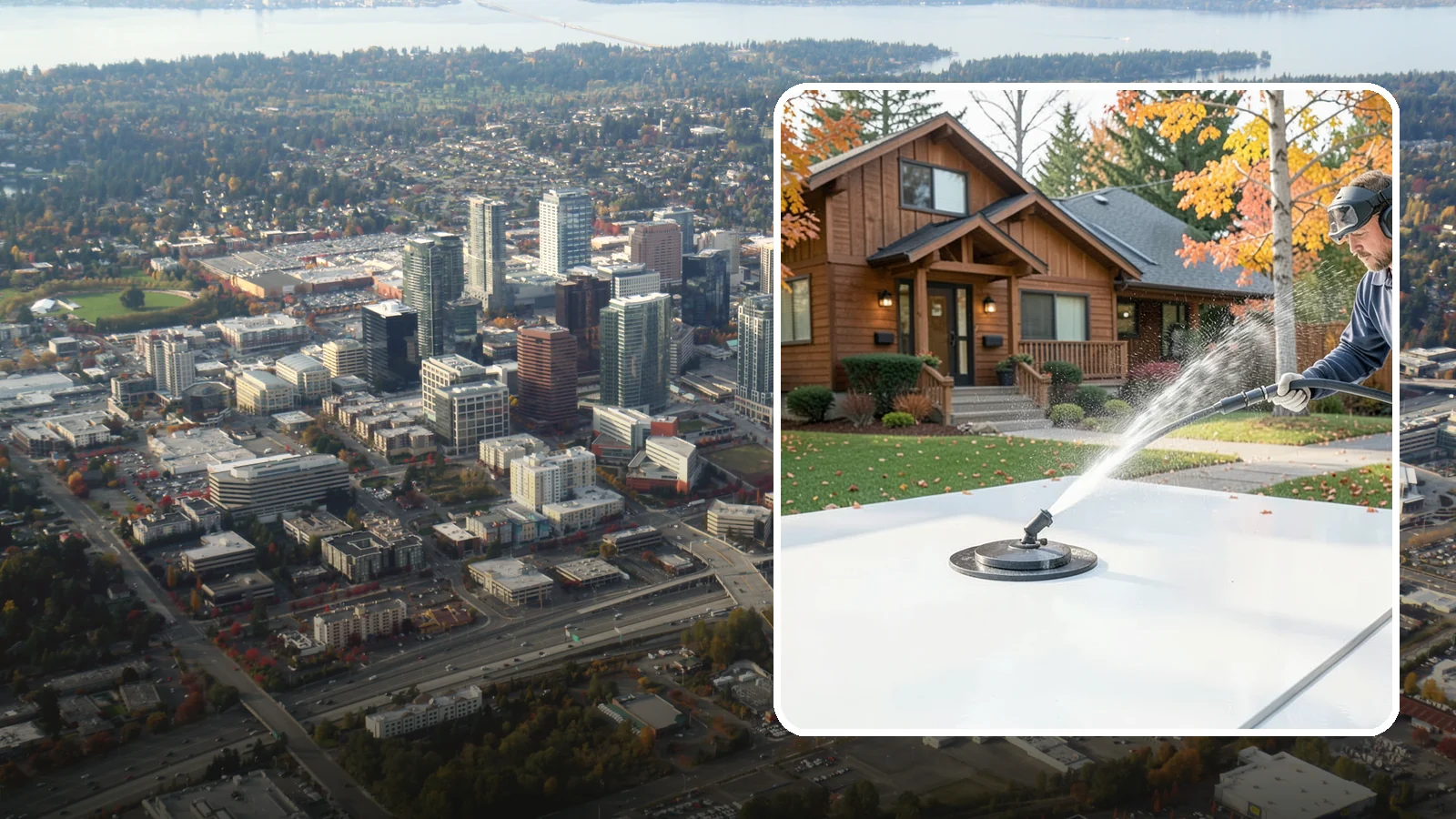 Surface Cleaning in Bellevue, King County, WA - Surface cleaning uses a rotating flat-surface tool to wash large horizontal areas evenly and without the streaking a wand leaves.