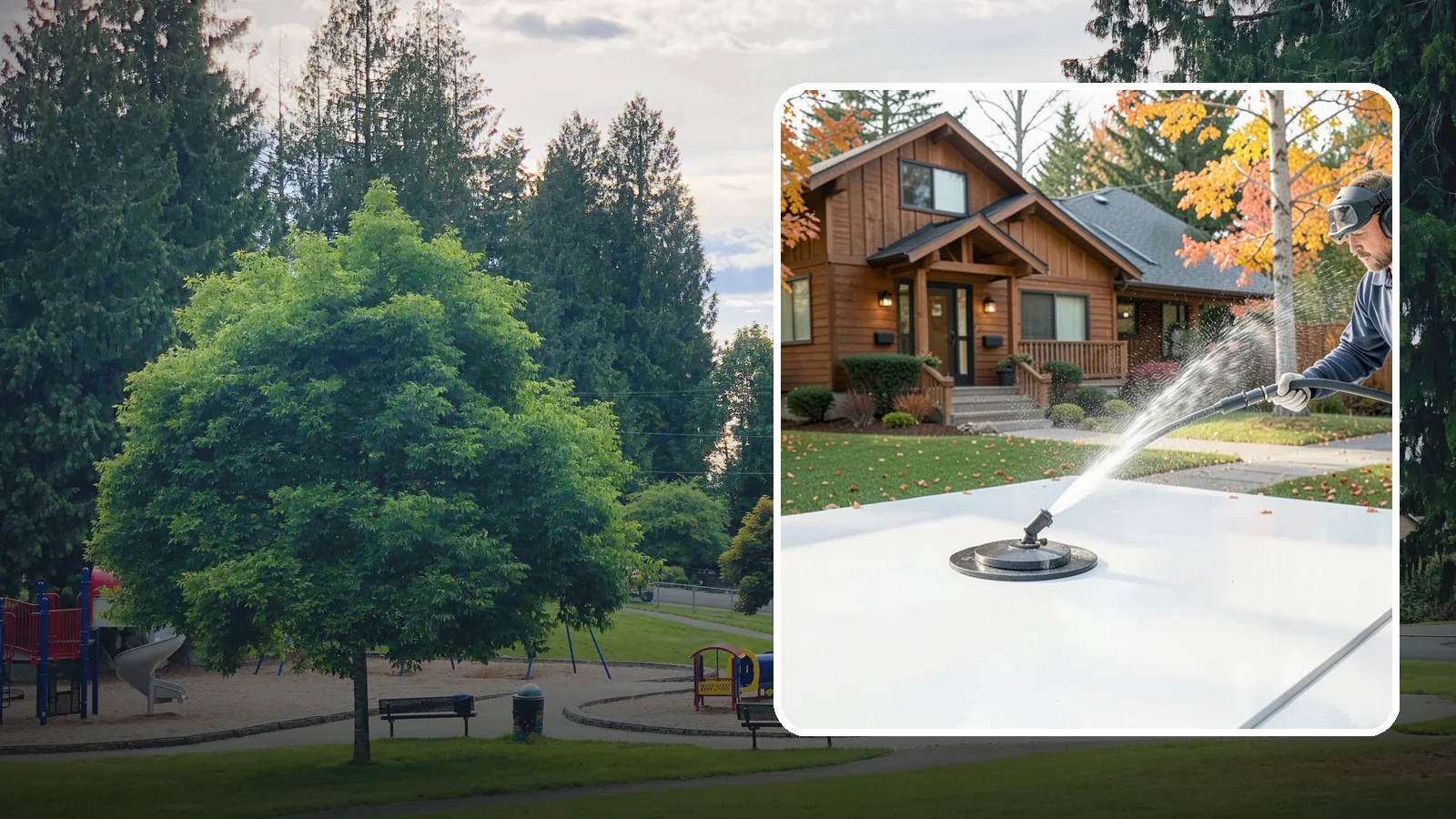 Surface Cleaning in Bonney Lake, Pierce County, WA - Surface cleaning uses a rotating flat-surface tool to wash large horizontal areas evenly and without the streaking a wand leaves.