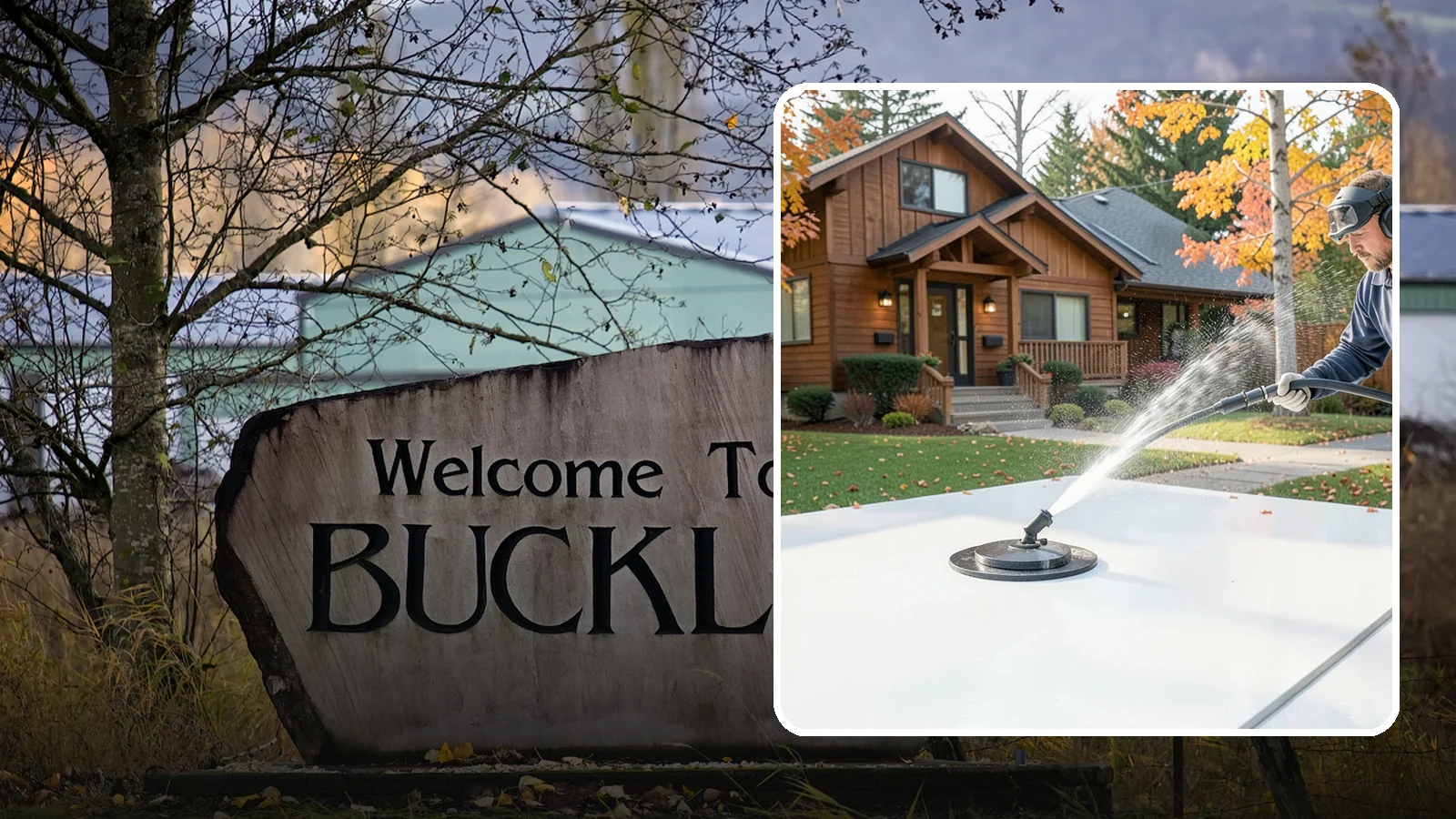 Surface Cleaning in Buckley, Pierce County, WA - Surface cleaning uses a rotating flat-surface tool to wash large horizontal areas evenly and without the streaking a wand leaves.