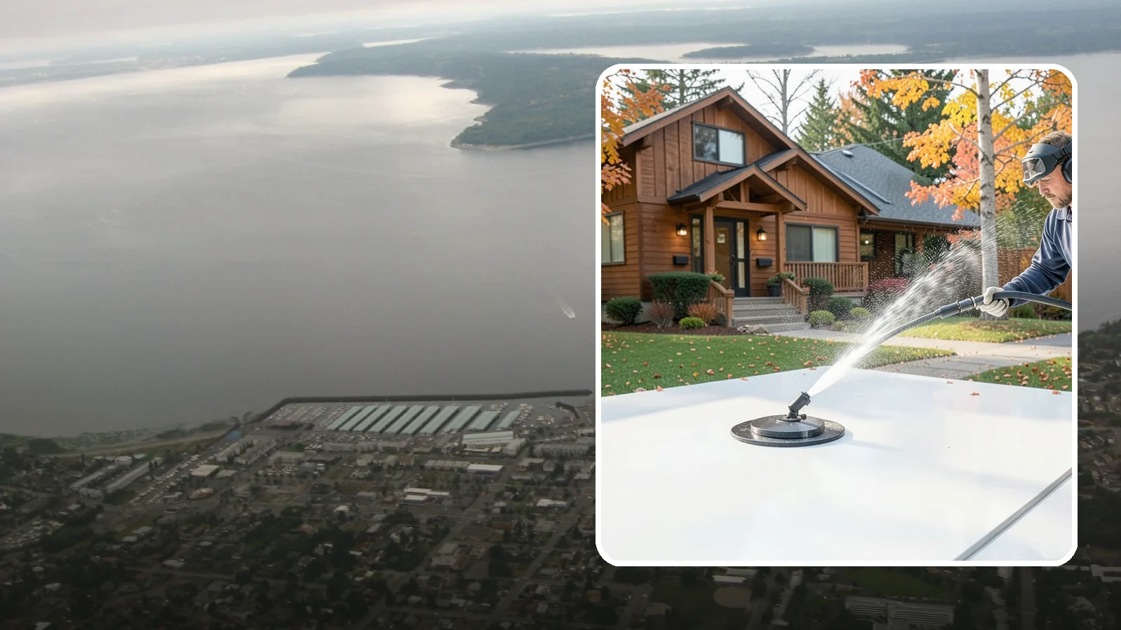 Surface Cleaning in Des Moines, King County, WA - Surface cleaning uses a rotating flat-surface tool to wash large horizontal areas evenly and without the streaking a wand leaves.