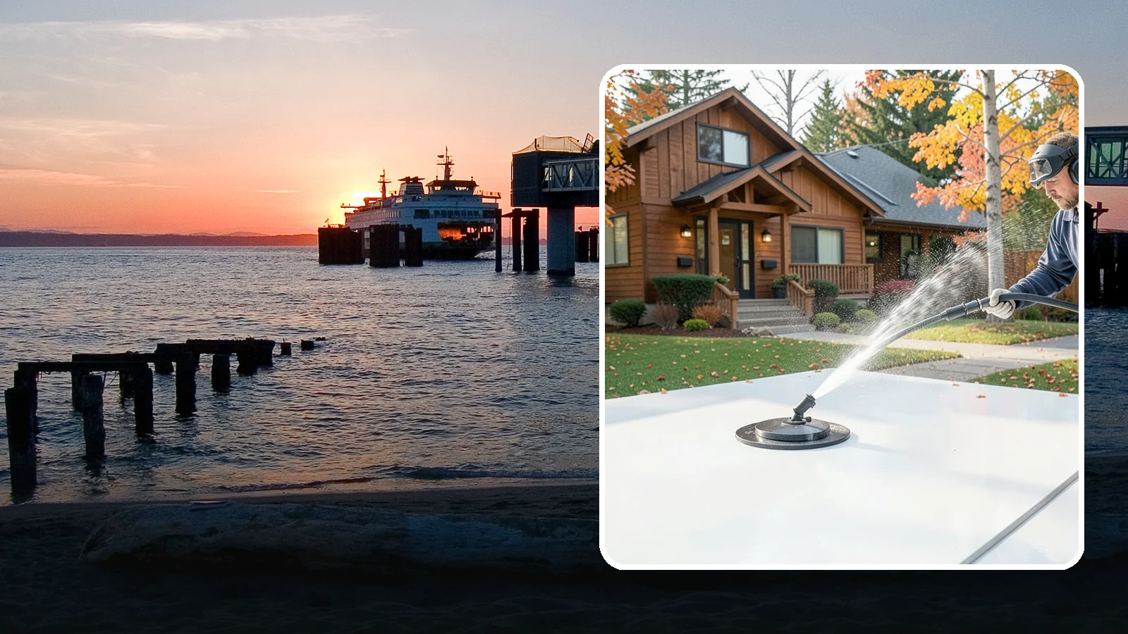 Surface Cleaning in Edmonds, Snohomish County, WA - Surface cleaning uses a rotating flat-surface tool to wash large horizontal areas evenly and without the streaking a wand leaves.