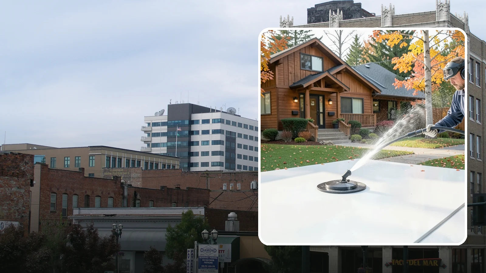 Surface Cleaning in Everett, Snohomish County, WA - Surface cleaning uses a rotating flat-surface tool to wash large horizontal areas evenly and without the streaking a wand leaves.