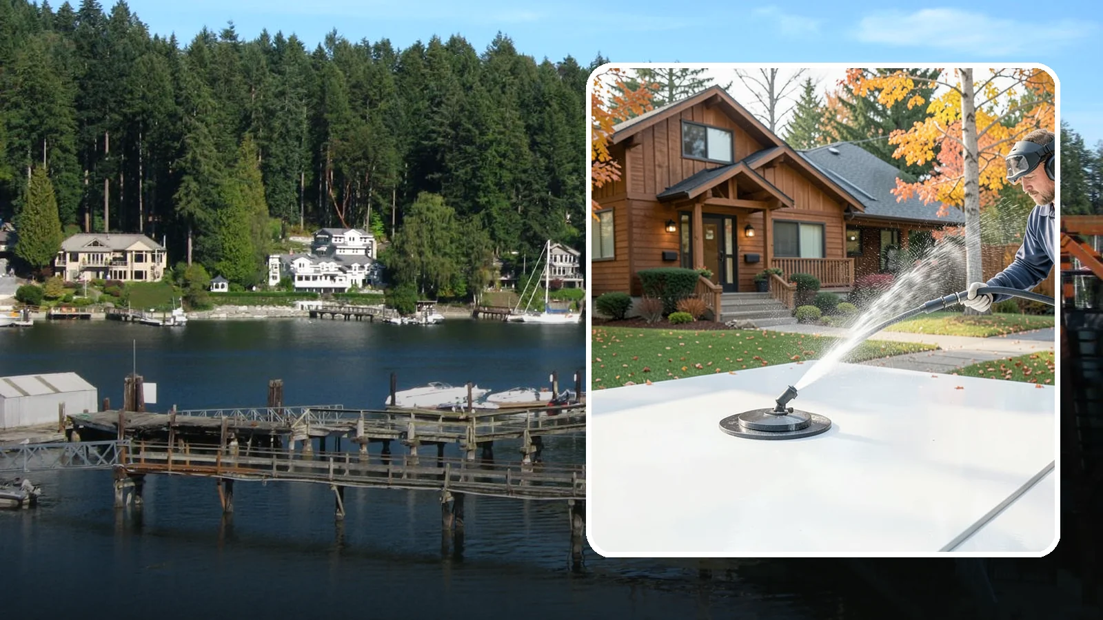 Surface Cleaning in Gig Harbor, Pierce County, WA - Surface cleaning uses a rotating flat-surface tool to wash large horizontal areas evenly and without the streaking a wand leaves.