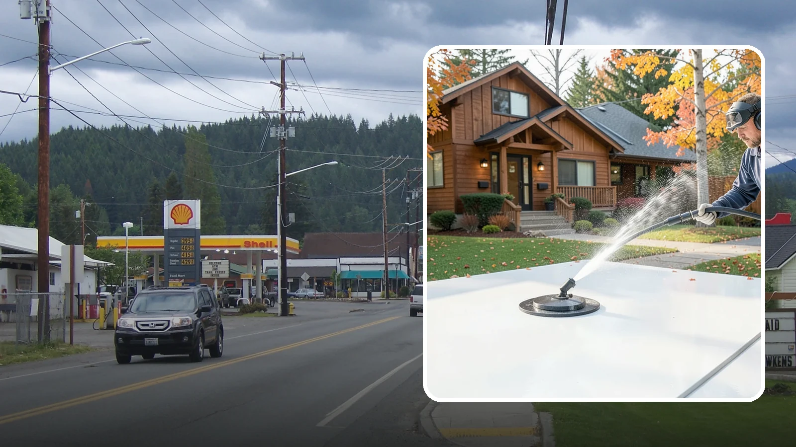 Surface Cleaning in Granite Falls, Snohomish County, WA - Surface cleaning uses a rotating flat-surface tool to wash large horizontal areas evenly and without the streaking a wand leaves.