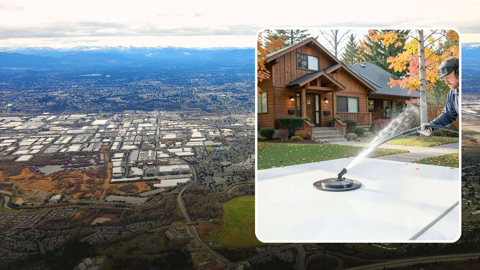 Surface Cleaning in Kent, King County, WA - Surface cleaning uses a rotating flat-surface tool to wash large horizontal areas evenly and without the streaking a wand leaves.