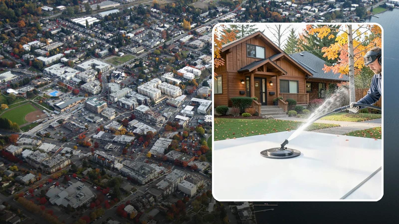 Surface Cleaning in Kirkland, King County, WA - Surface cleaning uses a rotating flat-surface tool to wash large horizontal areas evenly and without the streaking a wand leaves.