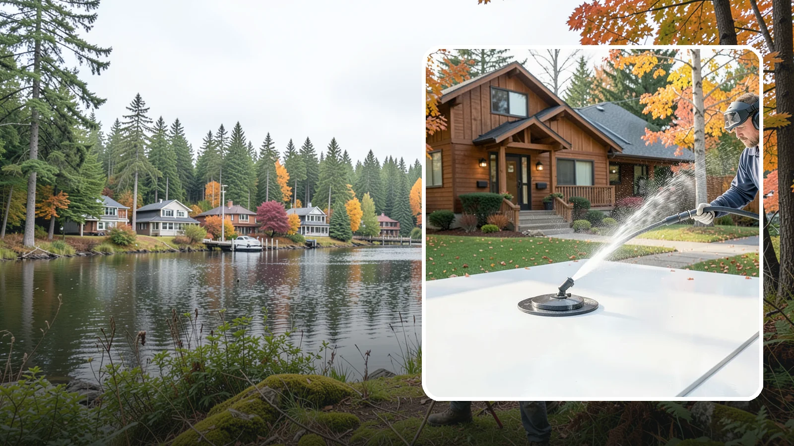 Surface Cleaning in La Conner, Skagit County, WA - Surface cleaning uses a rotating flat-surface tool to wash large horizontal areas evenly and without the streaking a wand leaves.