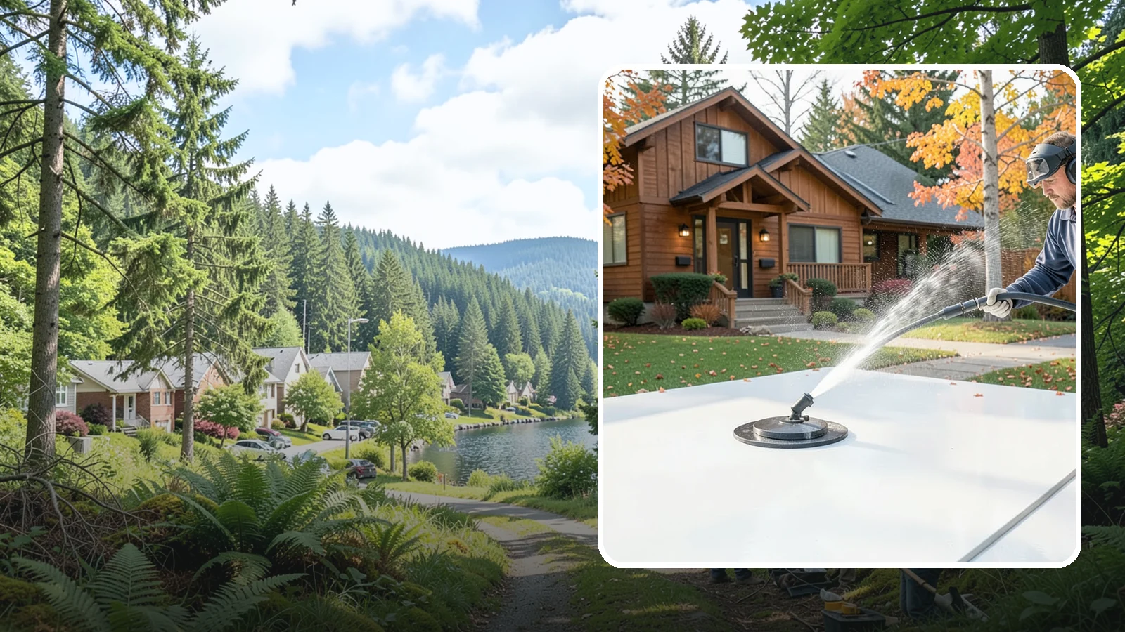 Surface Cleaning in Lake Forest Park, King County, WA - Surface cleaning uses a rotating flat-surface tool to wash large horizontal areas evenly and without the streaking a wand leaves.