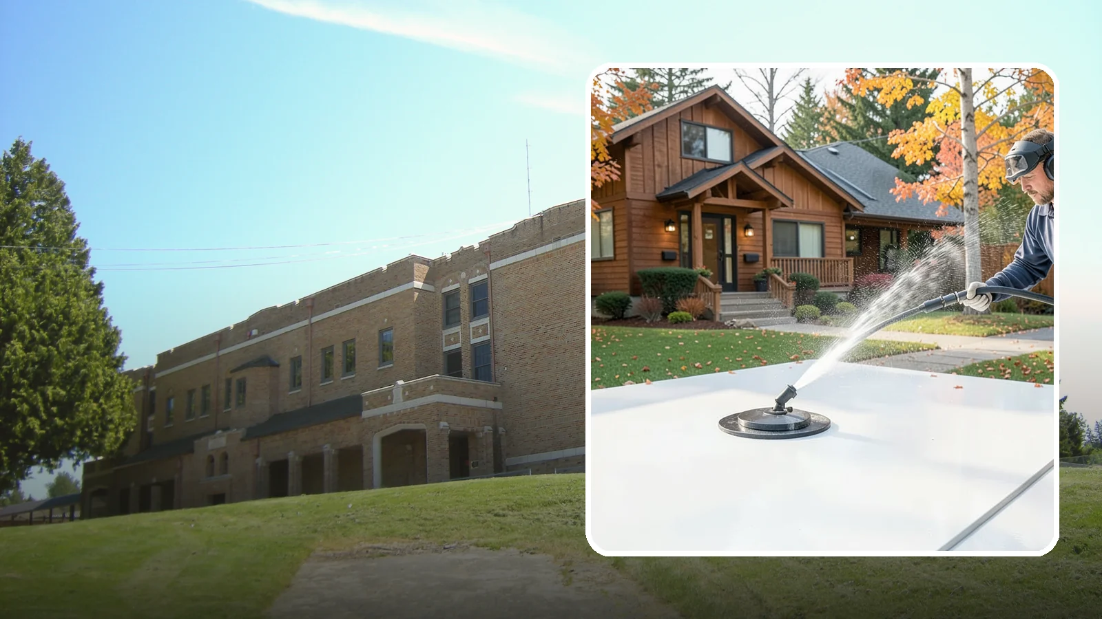 Surface Cleaning in Maple Valley, King County, WA - Surface cleaning uses a rotating flat-surface tool to wash large horizontal areas evenly and without the streaking a wand leaves.