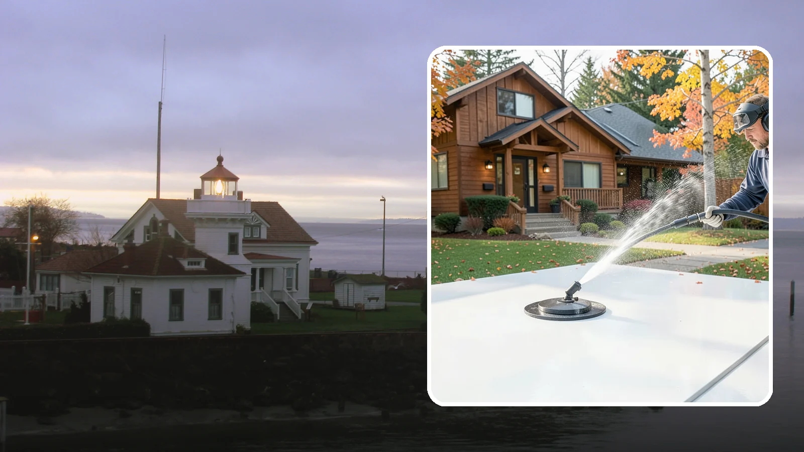 Surface Cleaning in Mukilteo, Snohomish County, WA - Surface cleaning uses a rotating flat-surface tool to wash large horizontal areas evenly and without the streaking a wand leaves.