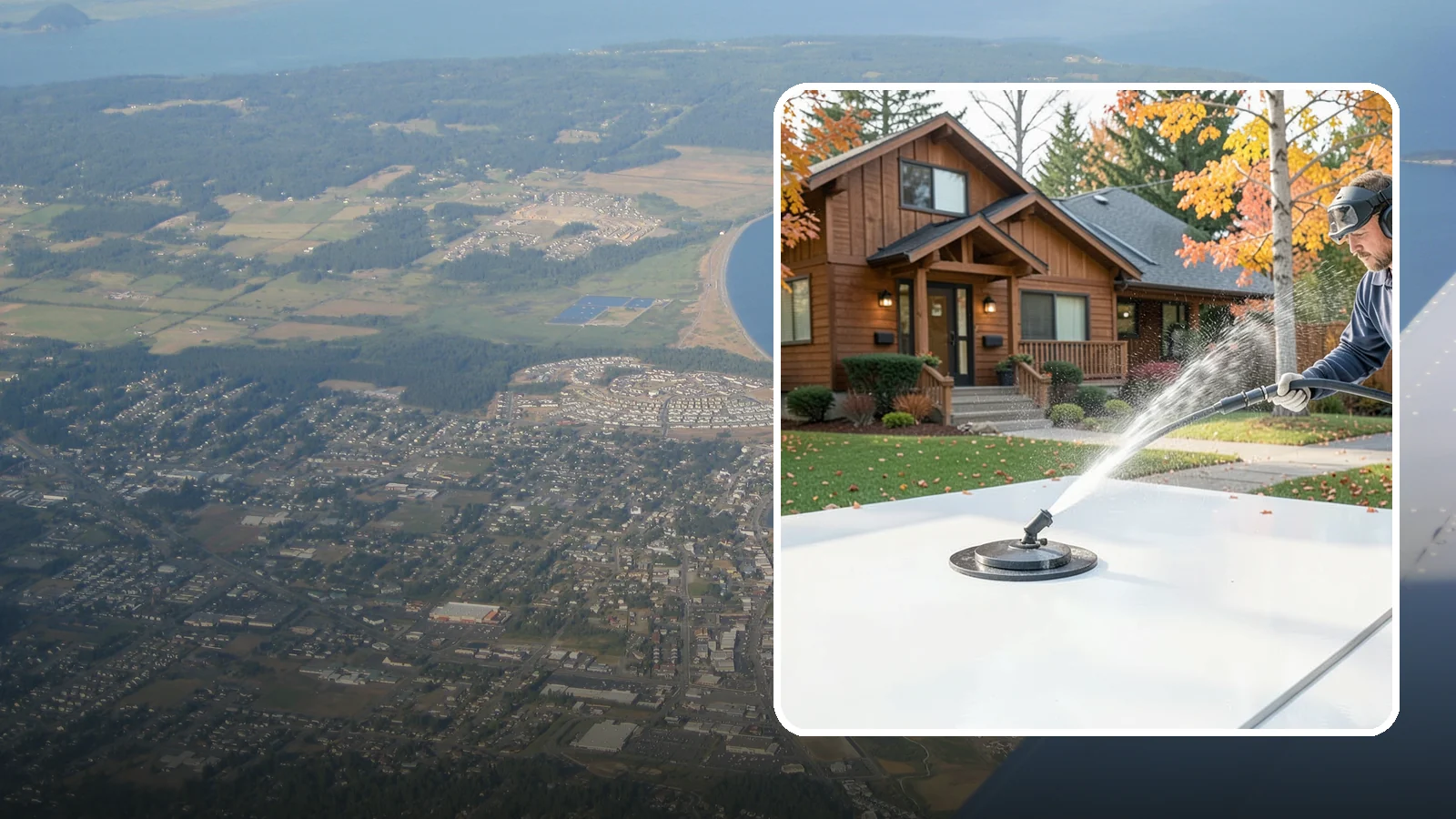 Surface Cleaning in Oak Harbor, Island County, WA - Surface cleaning uses a rotating flat-surface tool to wash large horizontal areas evenly and without the streaking a wand leaves.
